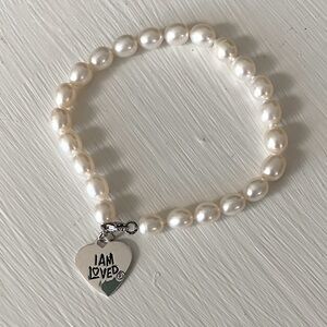I AM LOVED Freshwater Cultured Pearl Bracelet Heart Charm Sterling Silver Love